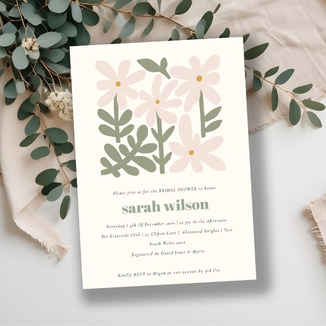 Dusky Blush Retro Minimal Floral Bridal Shower Invitation (Creator Uploaded)