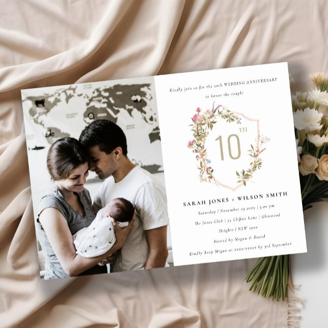 Dusky Blush Wildflower Crest Photo Anniversary Invitation (Creator Uploaded)
