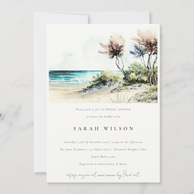 Dusky Coastal Palm Beach Seascape Bridal Shower Invitation (Front)