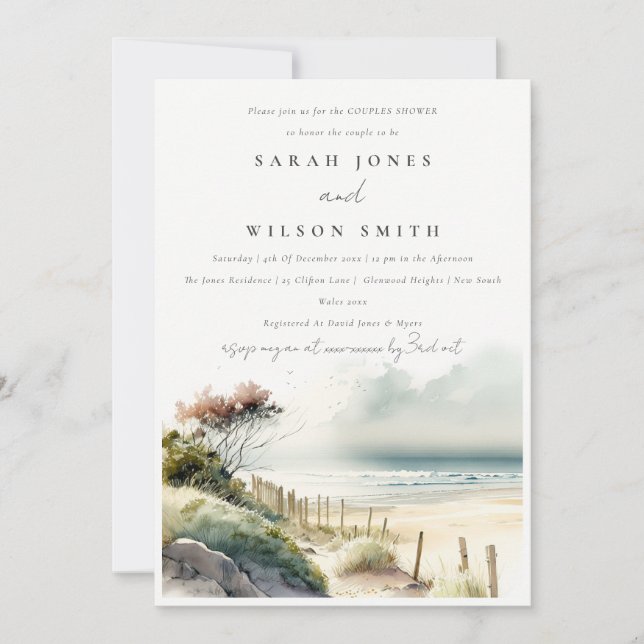 Dusky Coastal Sand Beach Seascape Couples Shower Invitation (Front)