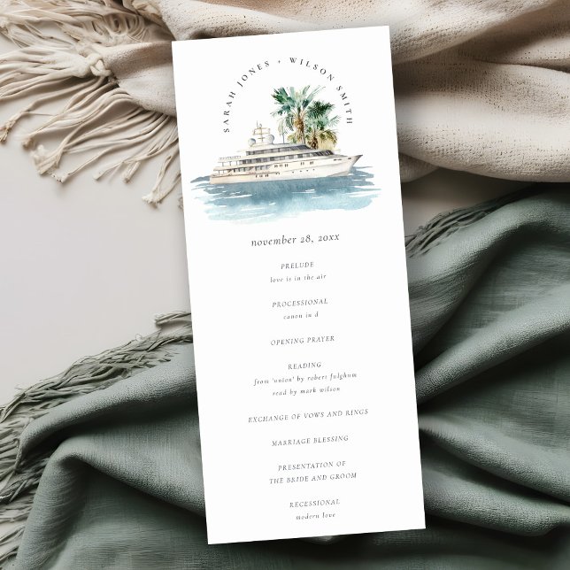 Dusky Cruise Ship Palm Seascape Wedding Program Invitation (Creator Uploaded)