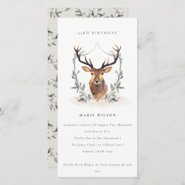 Dusky Deer Floral Crest Any Age Birthday Invite (Front/Back)