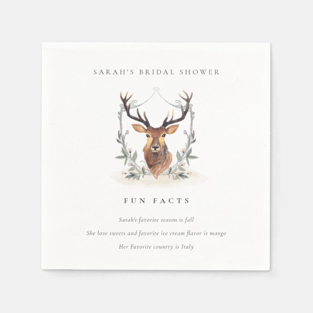 Dusky Deer Floral Crest Fun Facts Bridal Shower Napkin (Front)
