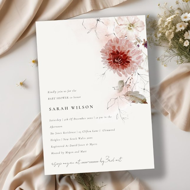 Dusky Fall Marsala Blush Floral Baby Shower Invitation (Creator Uploaded)