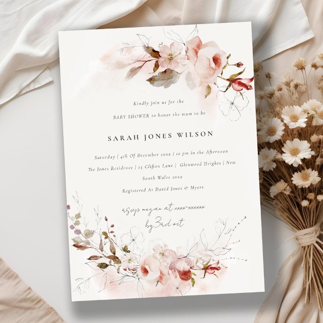 Dusky Fall Marsala Blush Floral Baby Shower Invitation (Creator Uploaded)