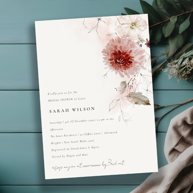 Dusky Fall Marsala Blush Floral Bridal Shower Invitation (Creator Uploaded)