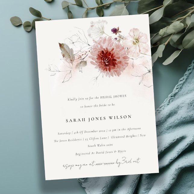 Dusky Fall Marsala Blush Floral Bridal Shower Invitation (Creator Uploaded)
