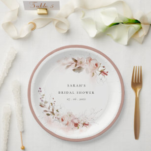 Dusky Fall Marsala Blush Floral Bridal Shower Paper Plate