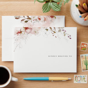 Dusky Fall Marsala Blush Floral Watercolor Wedding Envelope