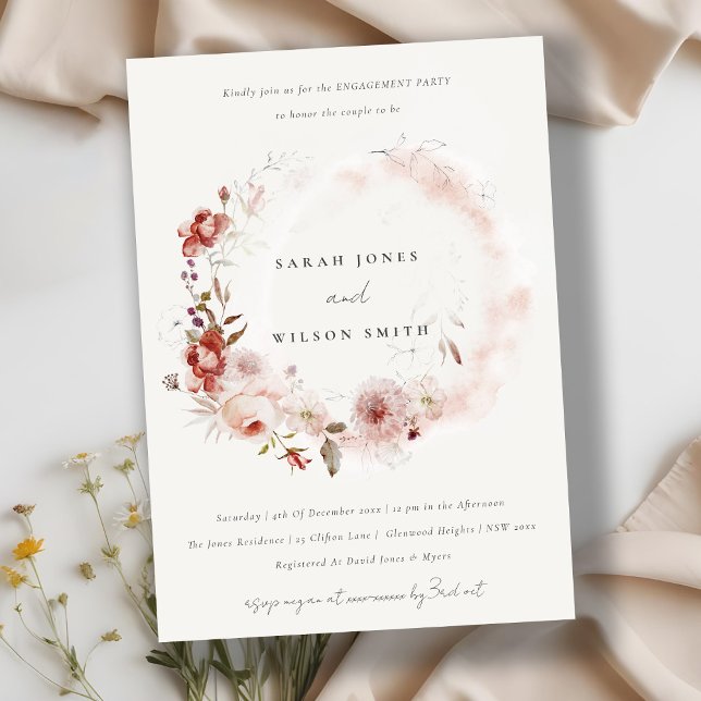 Dusky Fall Marsala Blush Floral Wreath Engagement  Invitation (Creator Uploaded)