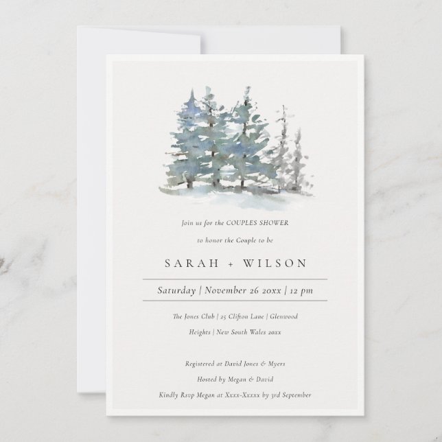 Dusky Green Blue Pine Woods Couples Shower Invite (Front)