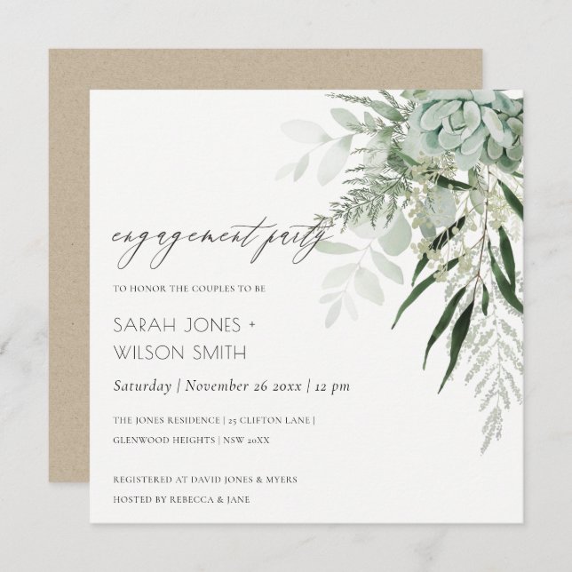 Dusky Green Leafy Fern Succulent Engagement Invite (Front/Back)