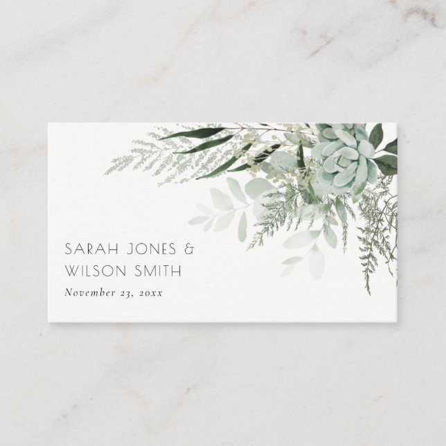 Dusky Green Leafy Fern Succulent Foliage Wedding Place Card (Front)
