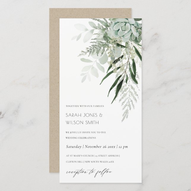 Dusky Green Leafy Fern Succulent Wedding Invite (Front/Back)