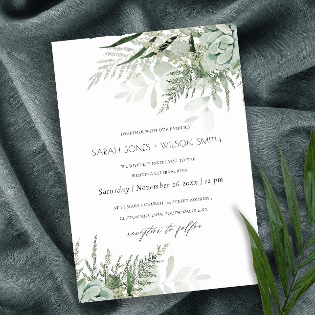 Dusky Green Leafy Fern Succulent Wedding Invite (Creator Uploaded)