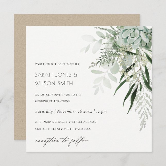 Dusky Green Leafy Fern Succulent Wedding Invite (Front/Back)