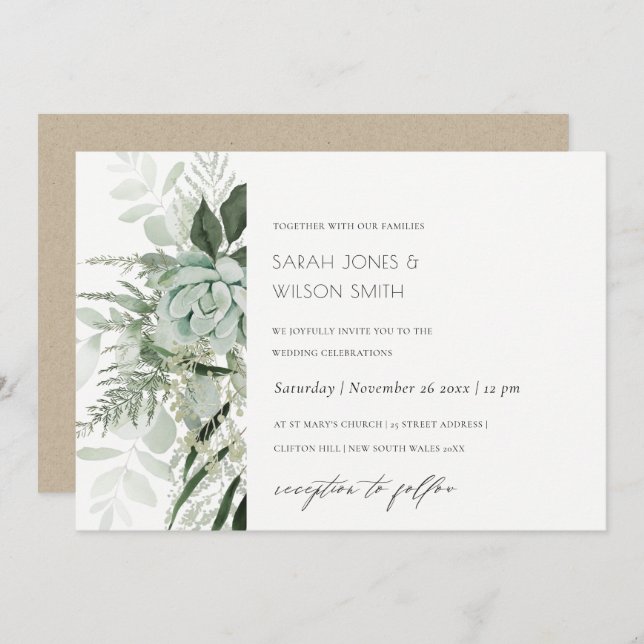 Dusky Green Leafy Fern Succulent Wedding Invite (Front/Back)