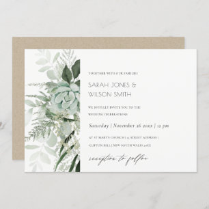 Dusky Green Leafy Fern Succulent Wedding Invite