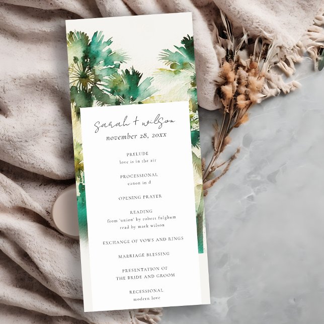 Dusky Green Tropical Palm Tree Wedding Program Invitation (Creator Uploaded)