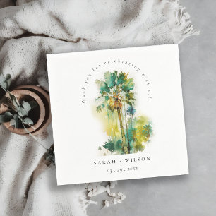 Dusky Green Tropical Watercolor Palm Trees Wedding Napkin