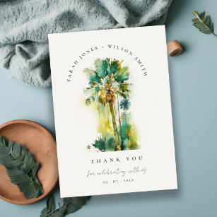 Dusky Green Tropical Watercolor Palm Trees Wedding Thank You Card