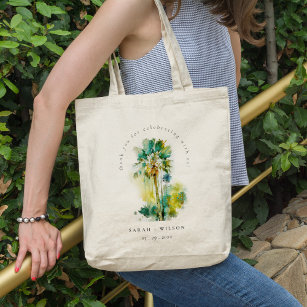 Dusky Green Tropical Watercolor Palm Trees Wedding Tote Bag