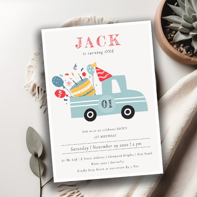 Dusky Grey Blue Any Age Birthday Party Cake Truck Invitation (Creator Uploaded)