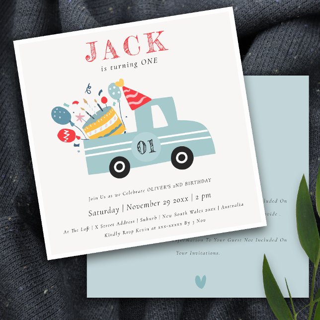 Dusky Grey Blue Any Age Birthday Party Cake Truck Invitation (Creator Uploaded)