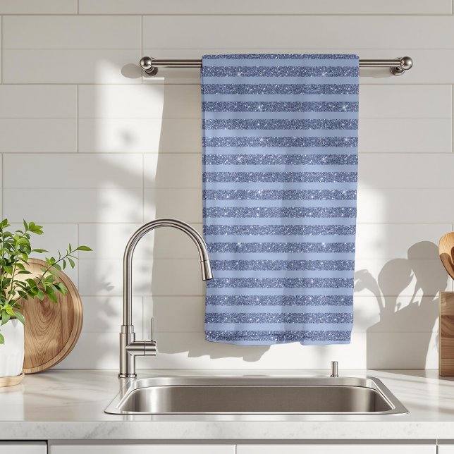 Dusky Indigo Glitter Style Horizontal Stripes Tea Towel (Creator Uploaded)