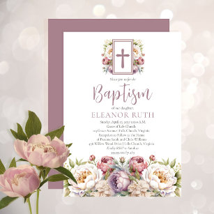 Dusky Lavender Blossoms Girl Floral Baptism Invitation