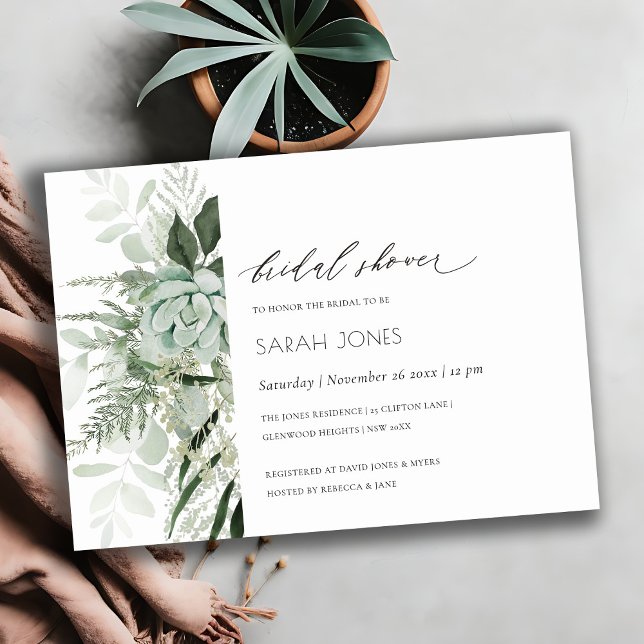 Dusky Leafy Fern Succulent Bridal Shower Invite (Creator Uploaded)