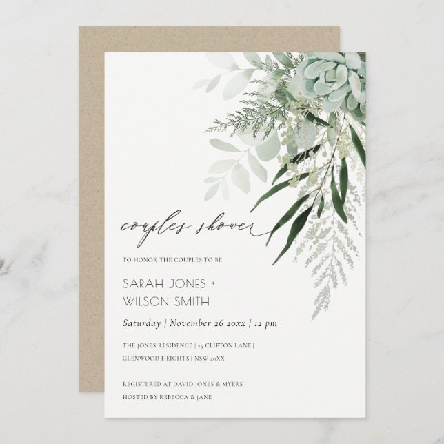 Dusky Leafy Fern Succulent Couples Shower Invite (Front/Back)