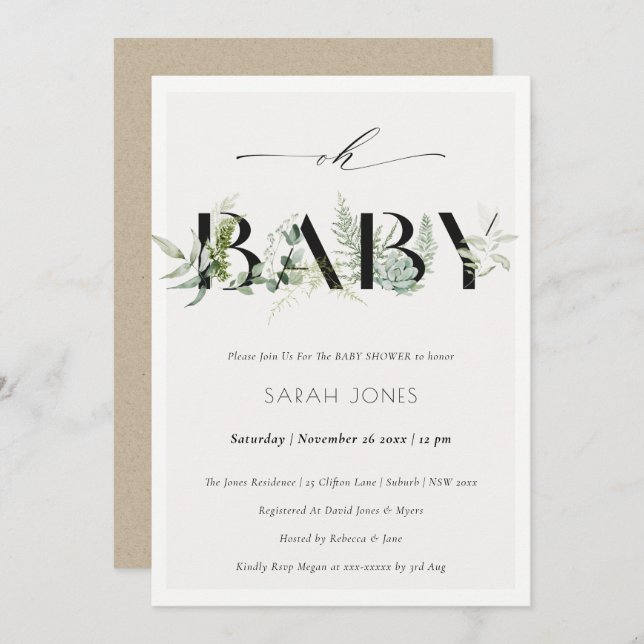 Dusky Leafy Fern Succulent Oh Baby Shower Invite (Front/Back)