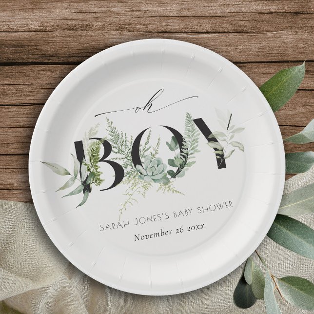 Dusky Leafy Fern Succulent Oh Boy Baby Shower  Paper Plate (Creator Uploaded)