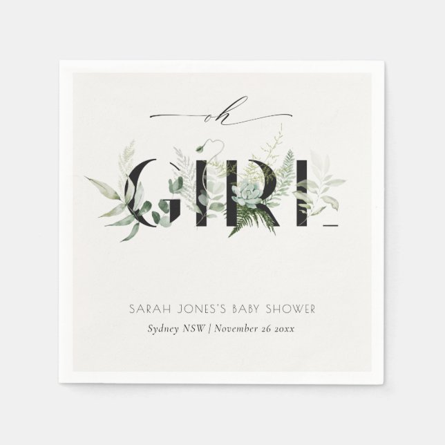 Dusky Leafy Fern Succulent oh Girl Baby Shower Napkin (Front)