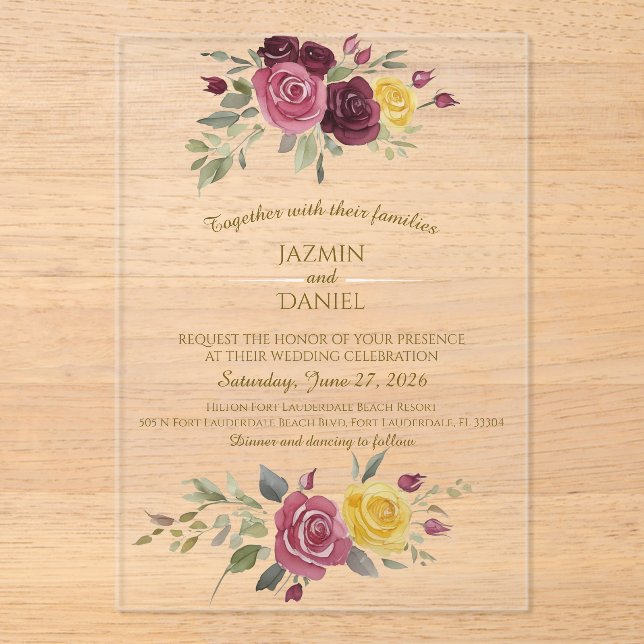 Dusky Pastel Watercolor Roses Gold Acrylic Invitations (Front)