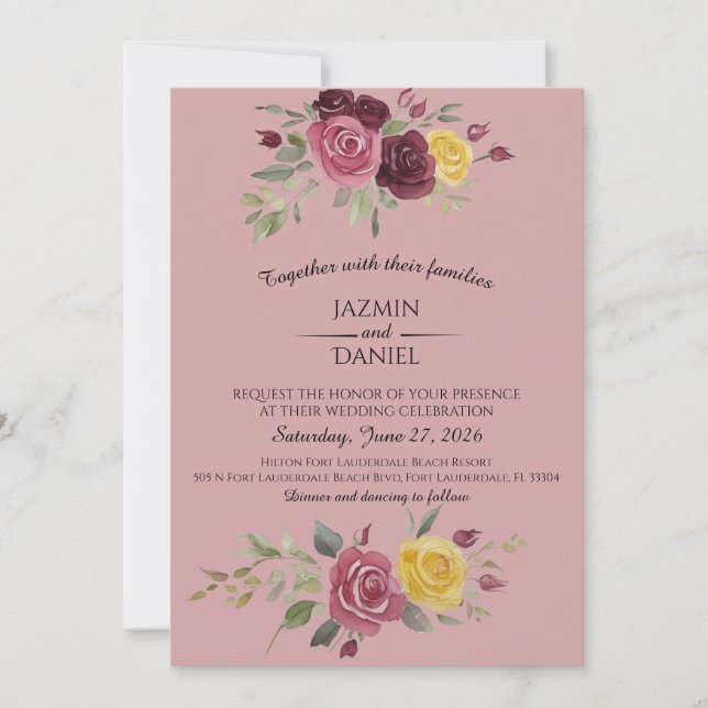Dusky Pastel Watercolor Roses Maroon Invitation (Front)