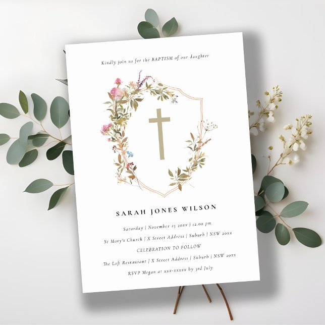 Dusky Pink Blush Wildflower Cross Crest Baptism Invitation (Creator Uploaded)