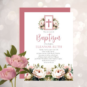 Dusky Pink Botanical Blooms Girl Floral Baptism Invitation