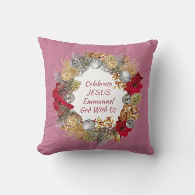 Dusky Pink CELEBRATE JESUS Christmas Wreath Cushion (Front)