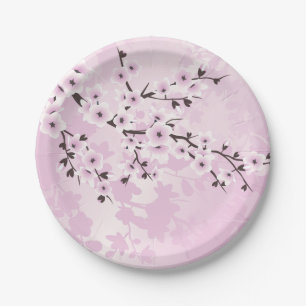Dusky Pink Cherry Blossoms Asia Floral Paper Plate