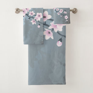 Dusky Pink Dusty Blue Cherry Blossom Floral Bath Towel Set
