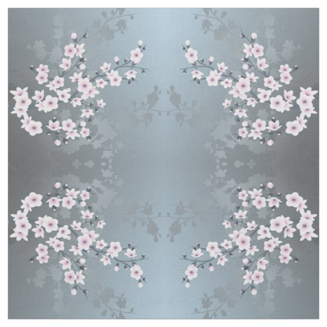 Dusky Pink Dusty Blue Cherry Blossom Pattern Fabric (Swatch)