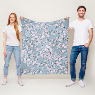 Dusky Pink Dusty Blue Cherry Blossoms Fleece Blanket