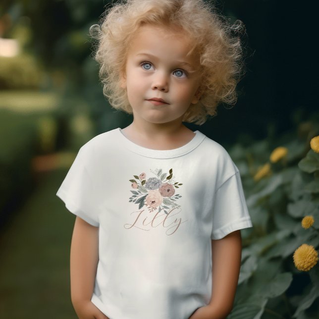 Dusky Pink Floral Whimsical Cute Script Baby T-Shirt (Creator Uploaded)