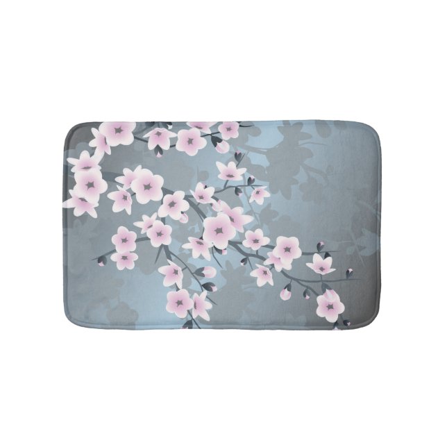 Dusky Pink Grayish Blue Cherry Blossom Floral Bath Mat (Front)