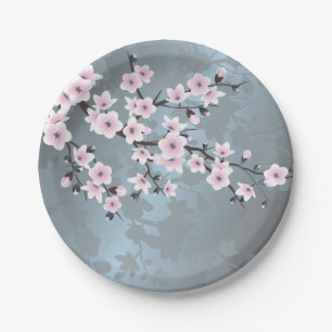 Dusky Pink  Grayish Blue  Cherry Blossoms Floral Paper Plate