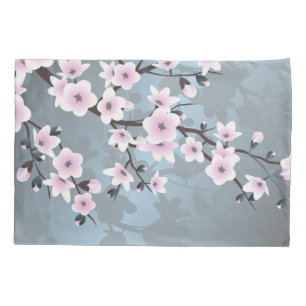 Dusky Pink  Grayish Blue  Cherry Blossoms Floral Pillowcase
