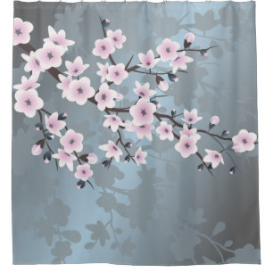 Dusky Pink  Grayish Blue  Cherry Blossoms Floral Shower Curtain