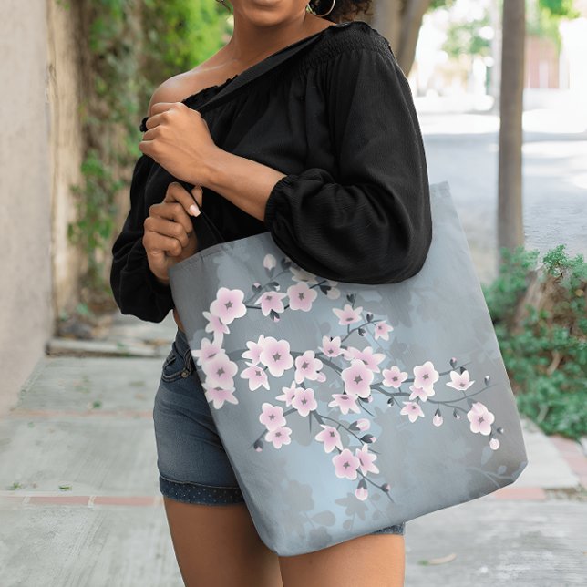 Dusky Pink Grayish Blue Cherry Blossoms Floral Tote Bag (Creator Uploaded)